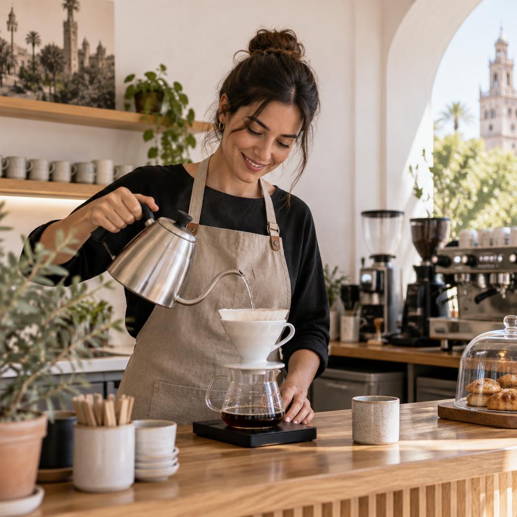 Una barista preparando café de filtro con dedicación