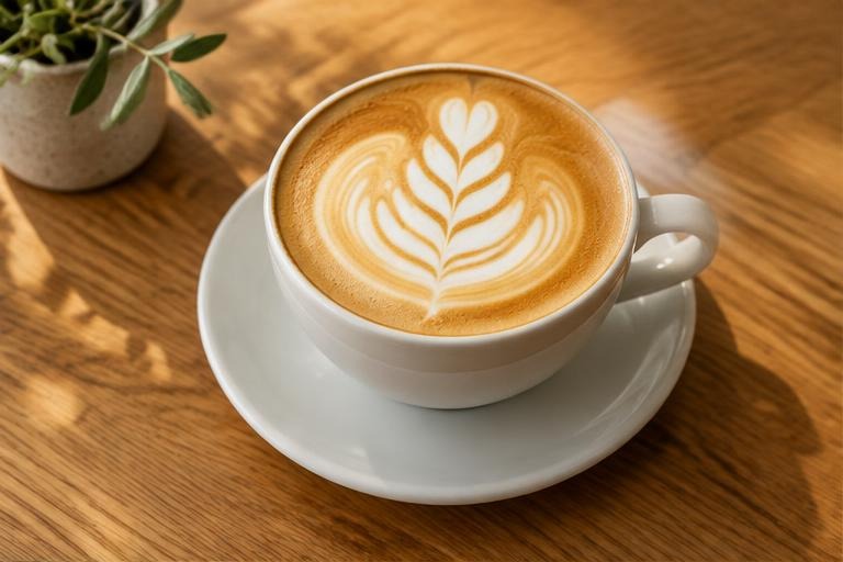 Flat white con arte latte en taza de cerámica