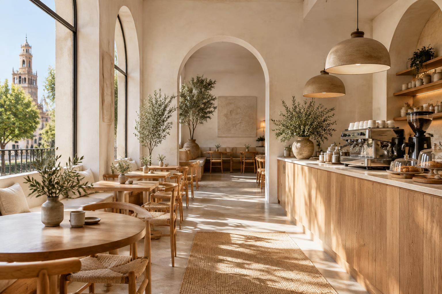 Un luminoso café de inspiración mediterránea, con mesas de madera y luz natural